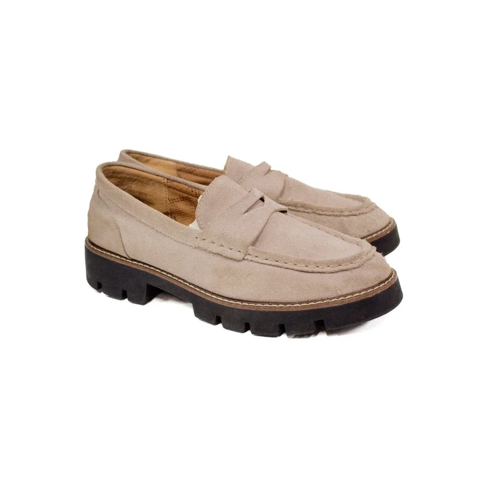 House of Harlow 1960 Gunner Penny Loafer Light Taupe Suede Lug Sole 9M-F33527